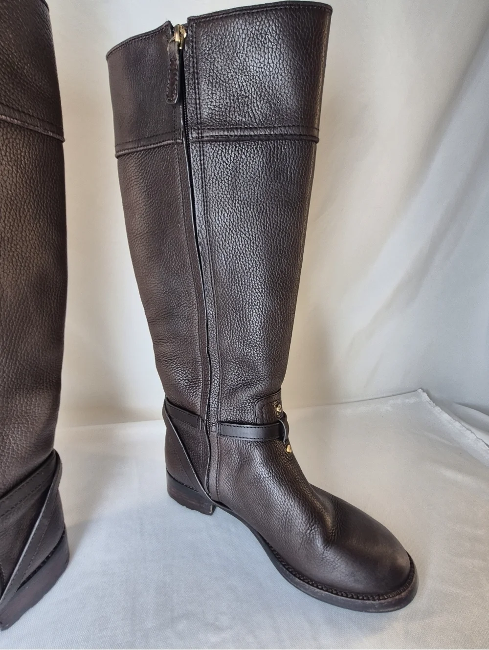 Tory Burch Teresa Women's 9M Riding Boots Brown Pebbled Leather Gold Ligo Buckle